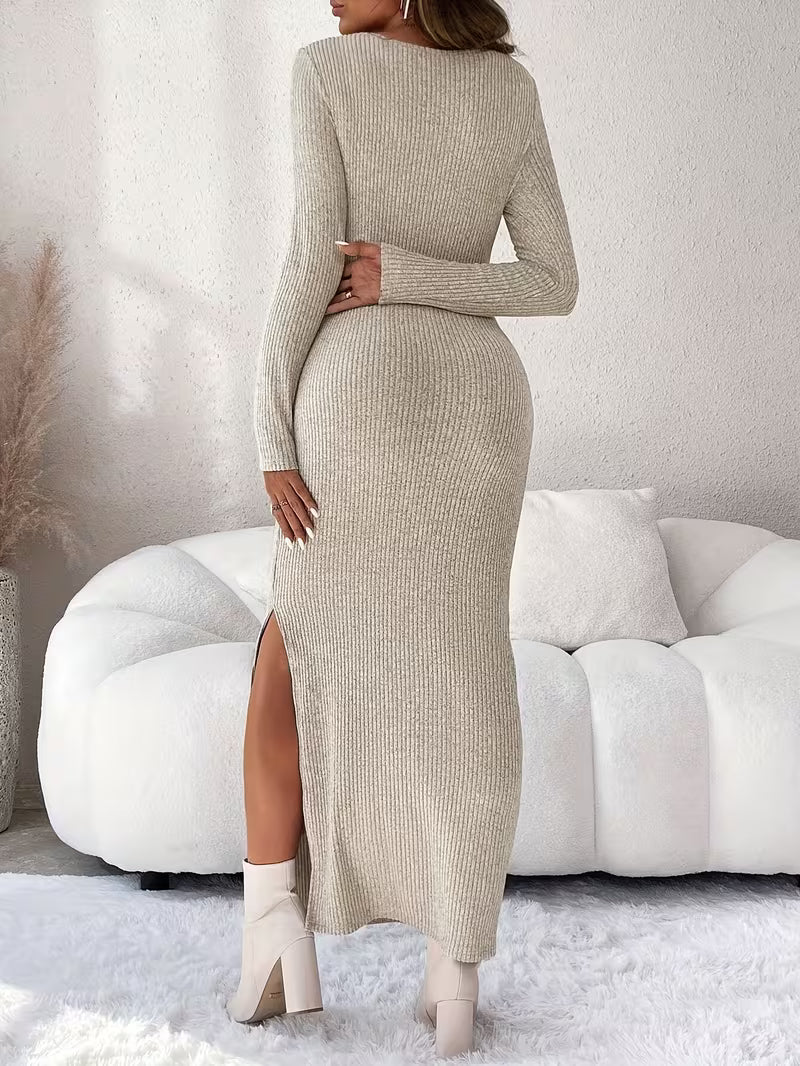 Robe de maternité en maille côtelée avec fente latérale - Élégance et confort pour futures mamans